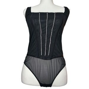 Auden Black Mesh Rhinestone Corset Bodysuit Lingerie Square Neck Sexy Sheer